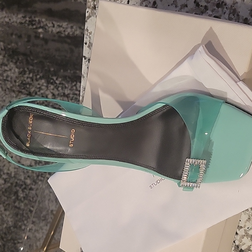 Black Suede Studio Mint Green Slingback Heels